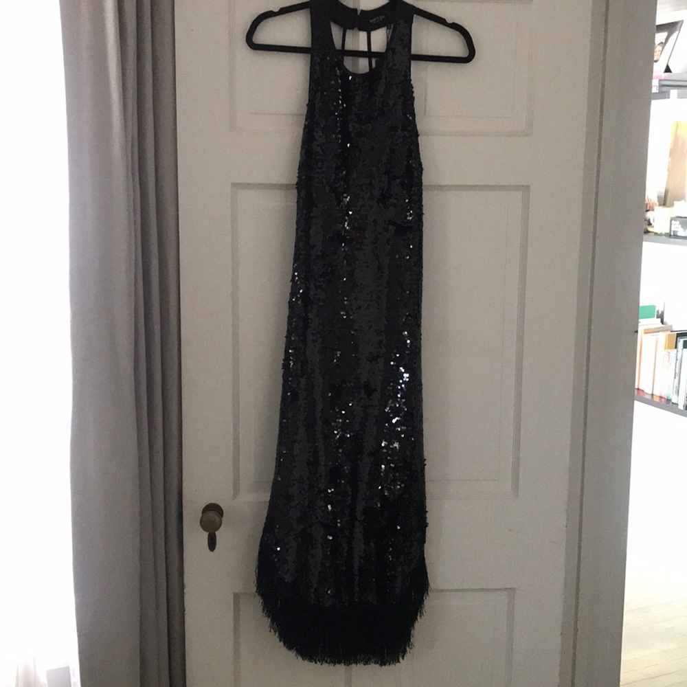 Black Sequin Fringe Midi Dress